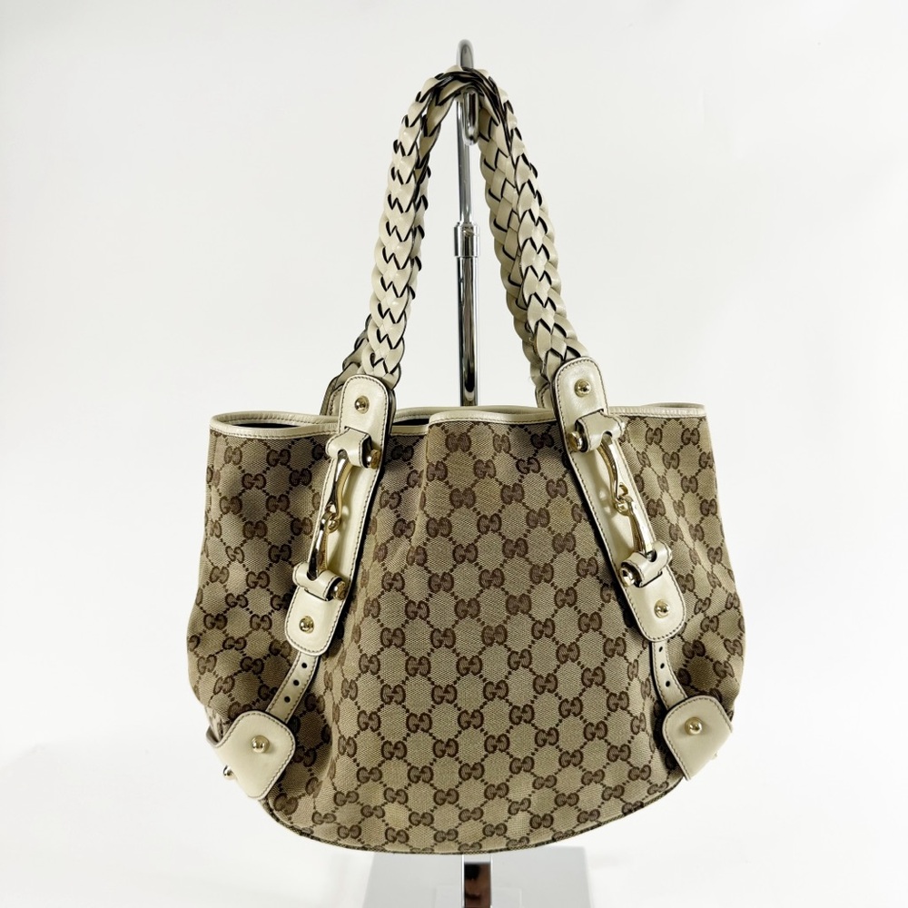 #20 🦚🦚 410. Gucci GG Canvas Pelham Tan Brown Ivory Leather Braided Handles